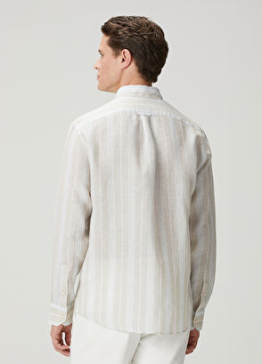 Beymen Club Comfort Fit Light Khaki Line Patterned Linen Shirt - 6