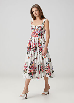 Beyaz Çiçekli Midi Elbise - Görsel 4