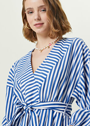 Beymen Club Blue V-Neck Striped Mini Dress - 4