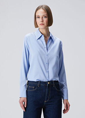 Mavi Klasik İpek Gömlek - Görsel 5