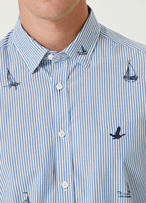 Beymen Club Slim Fit Blue Striped Embroidery Pattern Shirt - 6