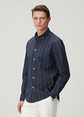Beymen Club Comfort Fit Lacivert Çizgi Desenli Gofreli Gömlek - 5