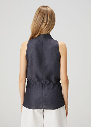 Beymen Club Navy Blue Shiny Linen Vest With Gathered Waist - 5
