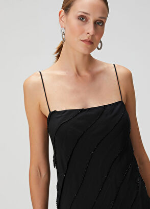 Siyah İşlemeli Midi İpek Kokteyl Elbise - Görsel 5