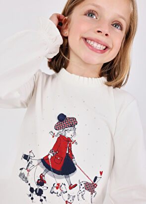 Boboli Ecru Animals Printed Girl Long Sleeve Blouse - 6