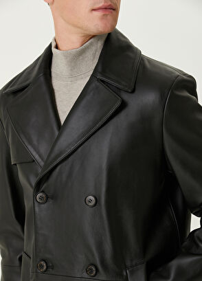 Beymen Club Black Double-Breasted Leather Overcoat - 7