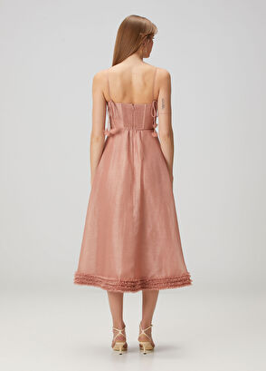 Pembe Midi Keten Elbise - Görsel 5