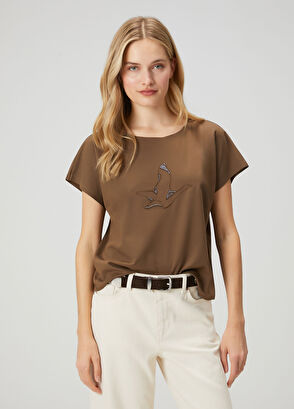 Beymen Club Seamless Dark Khaki Embroidered T-Shirt - 4