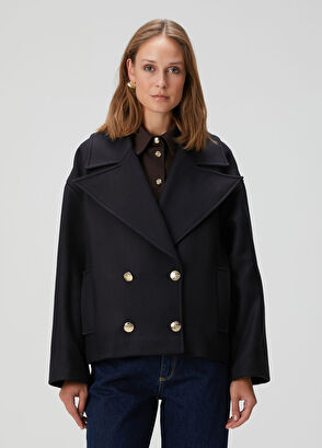 Lacivert Kruvaze Yün Kaban - Görsel 6