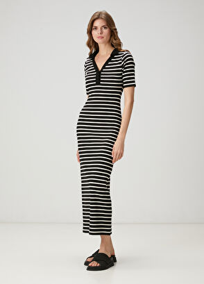 Beymen Club Black Striped Midi Polo Dress - 3