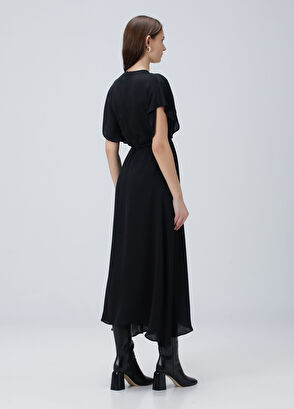 Siyah Beli Bağlamalı Midi İpek Elbise - Görsel 6