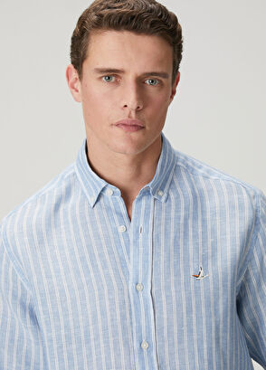 Beymen Club Comfort Fit Blue Stripe Patterned Linen Shirt - 7