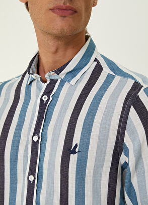 Beymen Club Comfort Fit Mavi Kalın Çizgi Desenli Keten Gömlek - 5