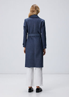 Lacivert Diyagonal Desen Kuşaklı Uzun Palto - Görsel 6