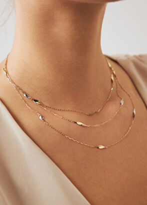 Orena Jewelry Üç Zincir Burma 14 Ayar Kadın Altın Kolye - 3