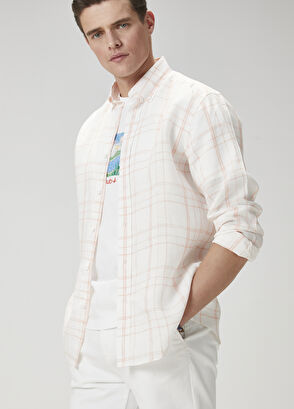 Beymen Club Comfort Fit Orange White Plaid Linen Shirt - 5