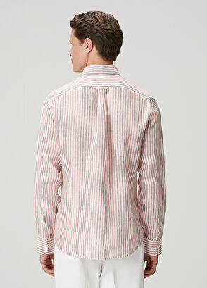 Beymen Club Comfort Fit White Burgundy Striped Linen Shirt - 6