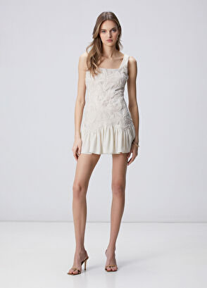 Kırık Beyaz Desenli Mini Abiye Elbise - Görsel 4