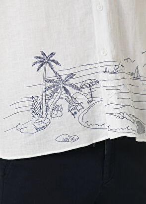 Beymen Club Comfort Fit Beyaz Manzara Nakışlı Keten Gömlek - 8