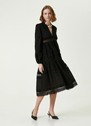 Beymen Club Siyah V Yaka Şerit Dantelli Midi Elbise - 3