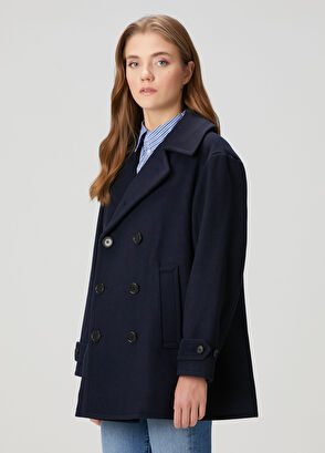 Lacivert Kruvaze Yün Kaban - Görsel 4