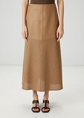 Beymen Club Aline Leather Skirt With Dark Beige Perforated Det - 3