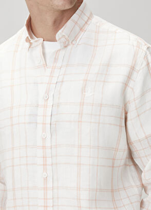 Beymen Club Comfort Fit Orange White Plaid Linen Shirt - 7