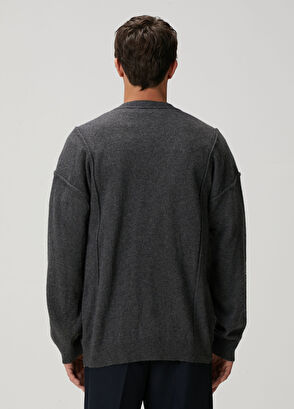 Antrasit Dekoratif Dikiş Detaylı Yün Triko Hırka - Görsel 6