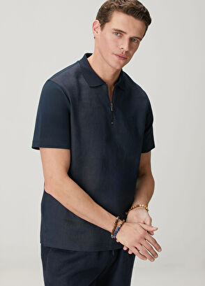 Beymen Club Navy Blue Comfort Fit Linen Insert Polo T-Shirt - 5