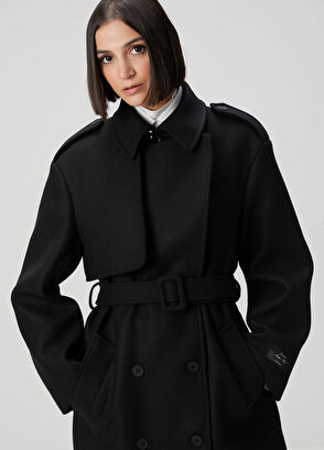 Siyah Kemer Detaylı Yün Palto - Görsel 6