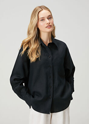 Beymen Club Oversize Siyah Keten Gömlek - 3