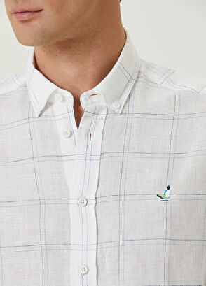 Beymen Club Comfort Fit Blue White Plaid Patterned Linen Shirt - 6