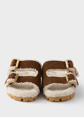 Prada Shearling Brown Suede Women's Slippers - 5