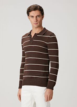Beymen Club Brown Striped Cotton Polo Sweater - 5