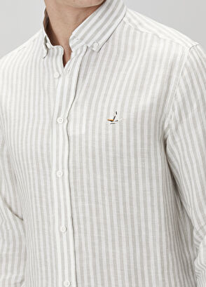 Beymen Club Comfort Fit Açık Haki Çizgi Desenli Keten Gömlek - 6