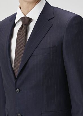 Lacivert Çizgi Desenli Yün Takım Elbise - Görsel 7