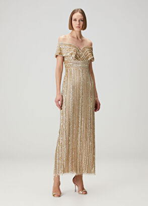 Sarı İşlemeli Maksi Abiye Elbise - Görsel 4