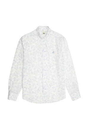 Beymen Club Comfort Fit Blue White Leaf Patterned Linen Shirt - 8