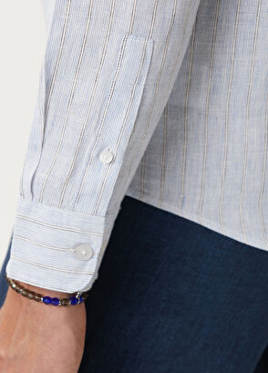 Beymen Club Regular Fit Mavi Çizgi Desenli Keten Gömlek - 7