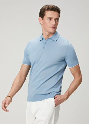Beymen Club Blue Plain Knit Basic Short Sleeve Knitwear Polo - 8