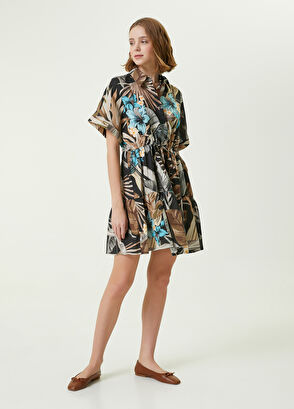 Beymen Club Siyah Tropikal Desenli Mini Keten Gömlek Elbise - 3
