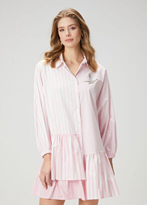 Beymen Club Pink White Striped Organic Cotton Shirt Dress - 4