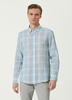 Beymen Club Comfort Fit Mavi Ekose Desenli Keten Gömlek - 3