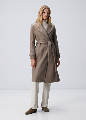 Vizon Diyagonal Desen Kuşaklı Uzun Palto - Görsel 4