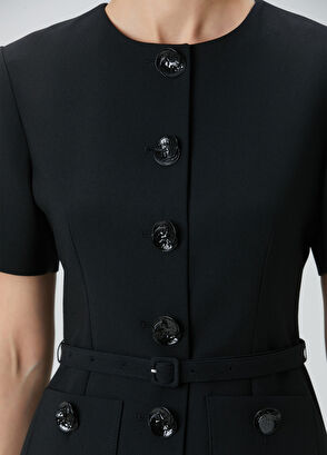 Siyah Çiçek Düğmeli Midi Elbise - Görsel 8