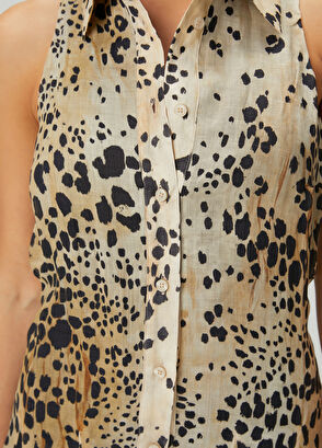 Beymen Club Beige Leopard Print Mini Linen Dress - 6