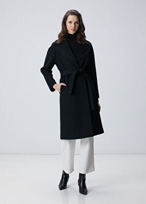 Siyah Punto Detaylı Astarlı Basic Kaşe Manto - Görsel 4