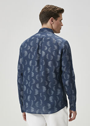 Beymen Club Comfort Fit Navy Blue Patterned Linen Shirt - 6