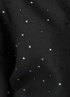 Siyah Taş Detaylı Keten Gömlek - Görsel 9