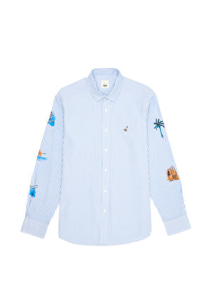 Beymen Club Comfort Fit Blue Striped Sleeves Printed Shirt - 8